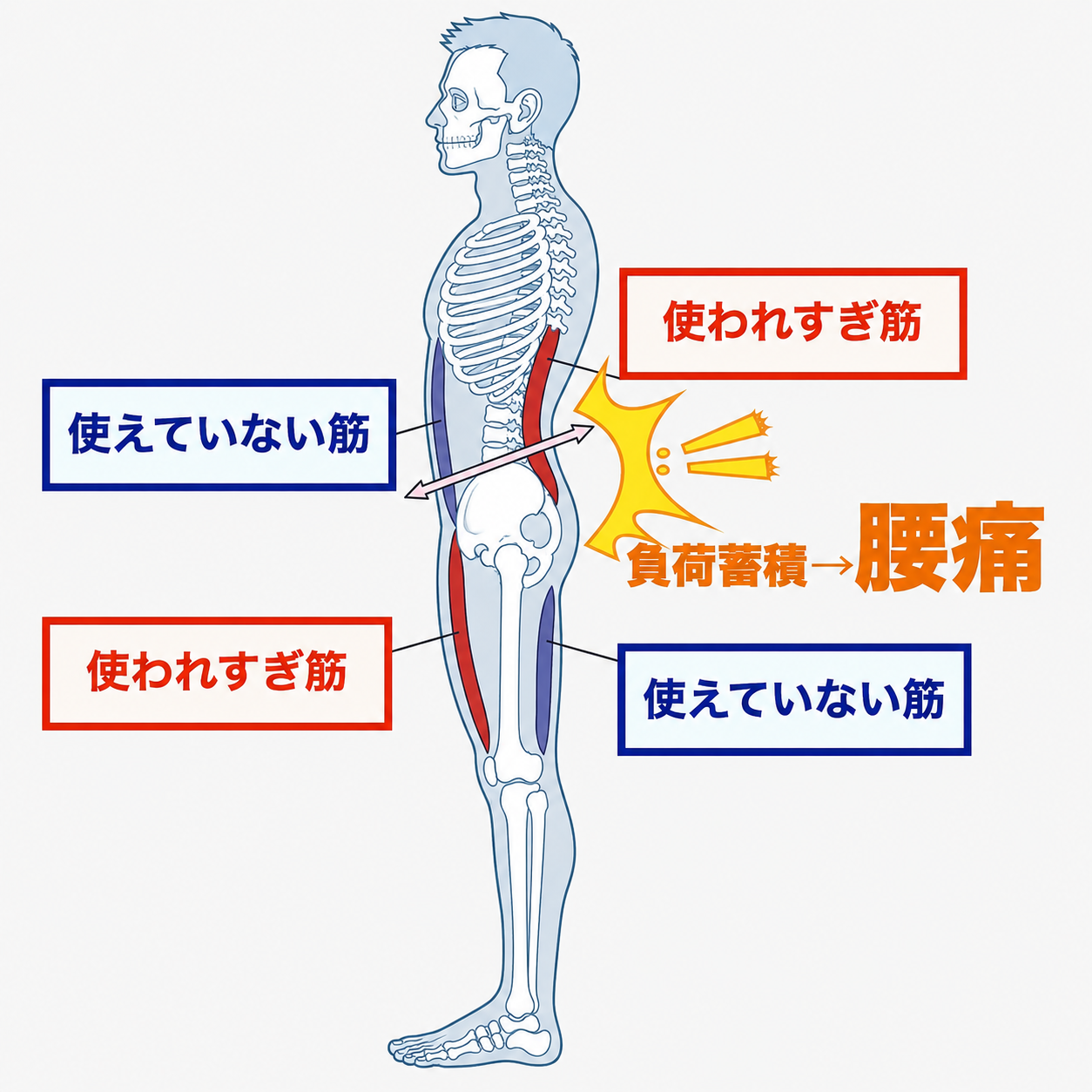 使われすぎ筋・使えていない筋の負荷蓄積による腰痛