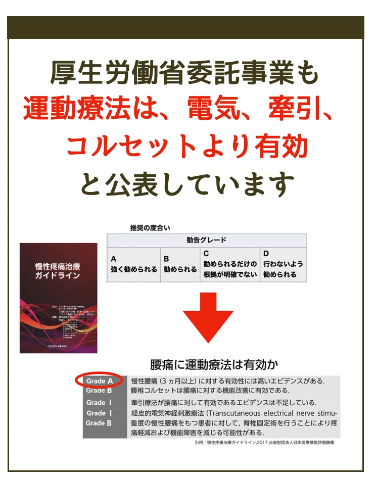 厚生労働省委託事業も運動療法は、電気、牽引、コルセットより有効と公表しています